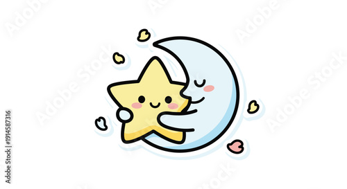 Moon and Star Hugging Night Sky Scene in Cute Cartoon Style