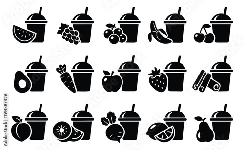 Glyph icon smoothie ingredients set featuring various fruits, vegetables, and spices for healthy drinks and menu design