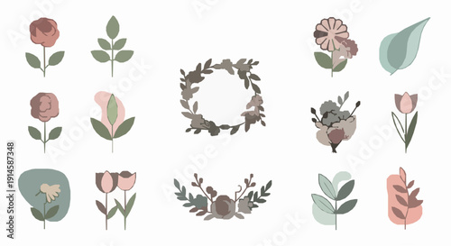 Minimal floral vector set with beautifully crafted pastel flowers and leaves