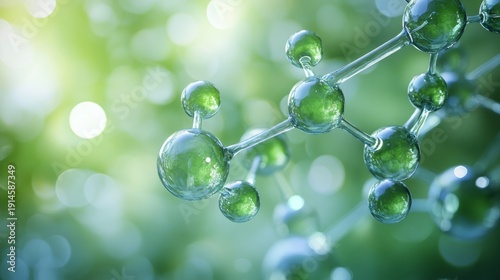 Green molecular structure glowing in soft bokeh background, symbolizing biotechnology, ecology, organic chemistry, and sustainable innovation connecting science with nature and environmental balance.
