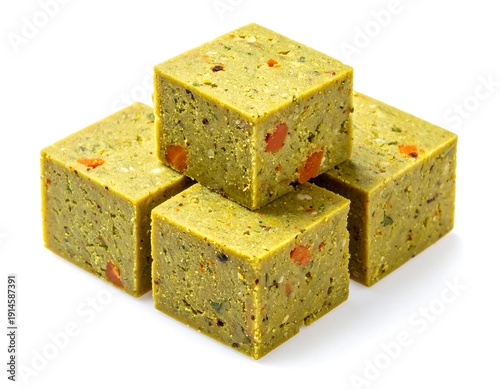 Stack of four textured green cubes with flecks of orange and dark colors on white