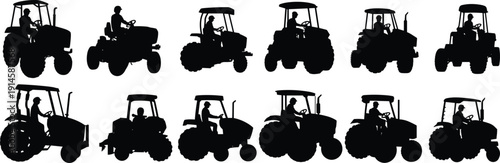 Set of Farmer Driving Tractor Silhouettes in Various Positions Isolated on White Background for Agricultural Vector Design