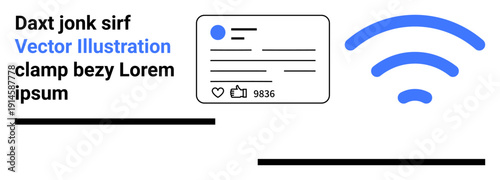 Social media connectivity, digital communication, networking, thumbs ups, engagement, technology, interface. A user profile interface with likes count and a blue wireless icon. Connectivity