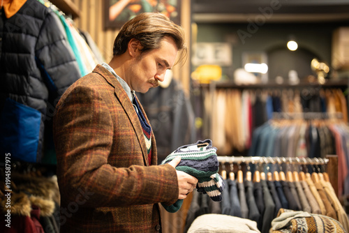 Obraz na płótnie Fancy dressed man with mustaches on shopping spree in second hand men's clothing boutique, male customer in vintage apparel store holding knitted jumper and reading item tag of pre owned good