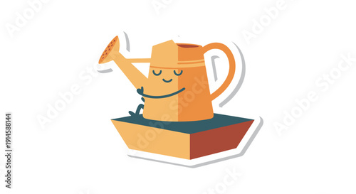 Cute Orange watering can on a raised planter with lidless spout