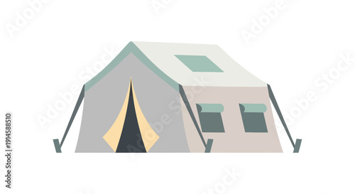 Vector illustration of a disaster relief tent icon with a gray and beige color scheme, symbolizing humanitarian aid and shelter assistance in a simple, flat design.