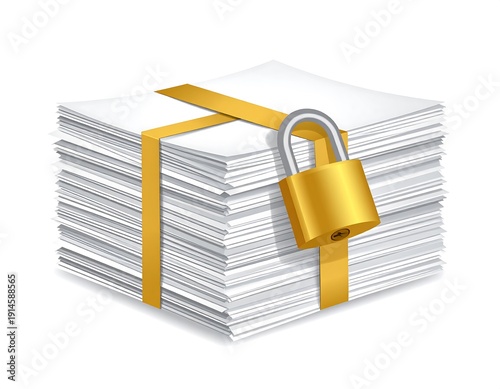 Stack of paper secured with a gold padlock and band, against a white background