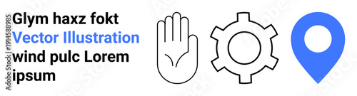 Open hand, gear, and location pin in minimalist design. Ideal for collaboration, navigation, processes, workflow, accessibility, engineering and simple landing page