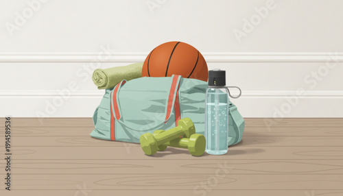 Gym bag with sports equipment on wooden floor basketball dumbbells and water bottle for fitness routine