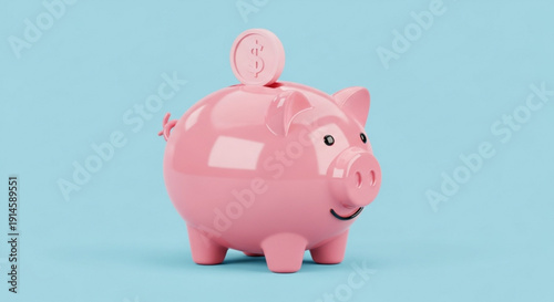 Pink piggy bank with coin on top against light blue background symbolizing savings and finance