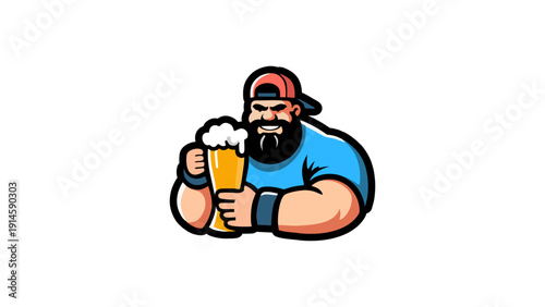 Cartoon illustration of a strong, bearded man in a baseball cap, enthusiastically holding a frothy glass of golden beer, representing fun, celebration, and a refreshing drink