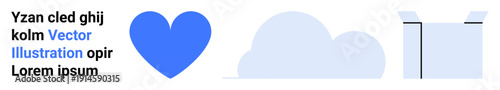 Social media graphics, web design, digital branding, cloud storage, e-commerce, love symbol. Blue heart, cloud icon and open box with placeholder text. Social media graphics and web design concept