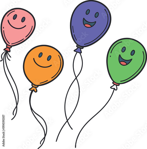 Joyful Balloons: A cheerful gathering of vibrant balloons, each adorned with a happy face, floats with whimsical elegance. Representing moments of joy. 
