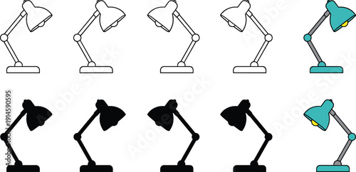 Adjustable desk lamp icon set modern office table lighting outline vector collection