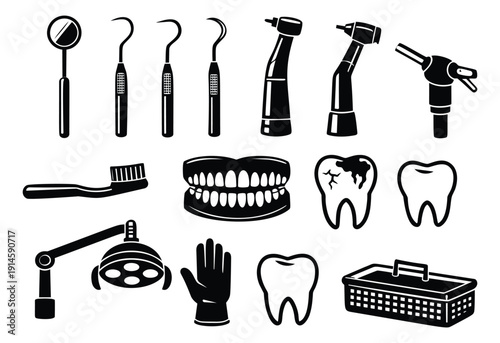 Silhouette dental equipment and oral care set featuring dentist tools, healthy and decayed teeth, and hygiene accessories for dental clinic services and oral health awareness