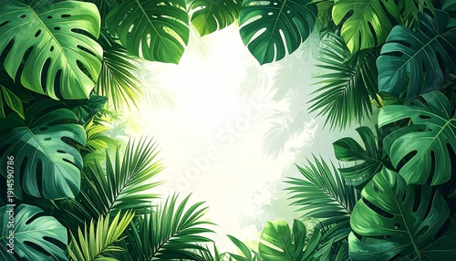 Tropical leaf frame background with lush green foliage around clean copy space. Ideal for summer design, wellness branding, eco projects, posters, invitations, and fresh natural visual layouts.