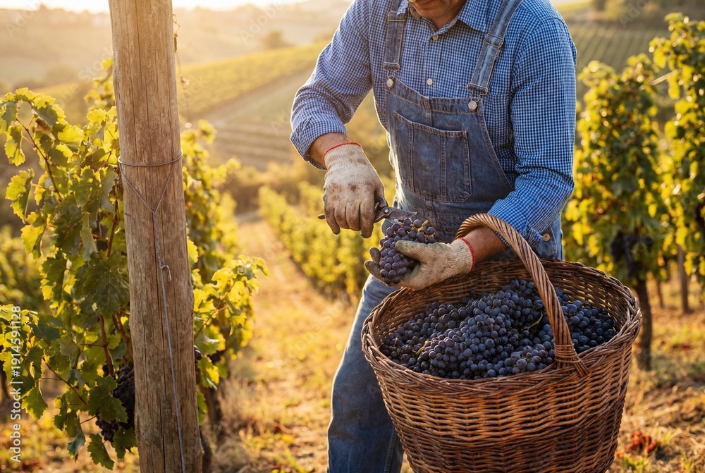 Fototapeta premium Vineyard worker harvesting grapes into basket
