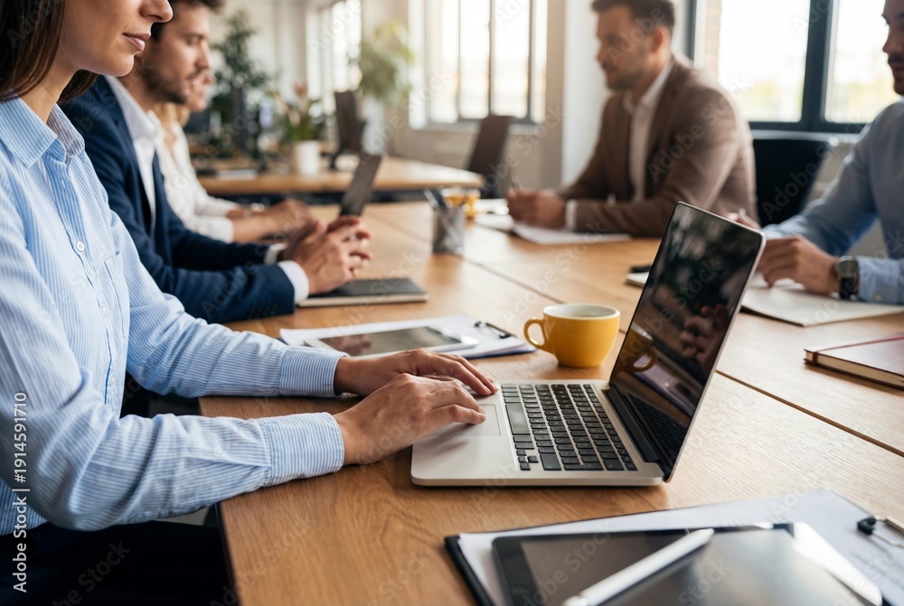 Obraz premium Group of business professionals having a meeting at conference table with laptops