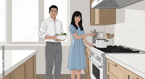 Couple cooking together in modern kitchen with white appliances and wooden cabinets man holding bowl of greens woman preparing food on stove