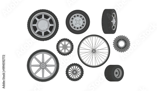 Set of various car and bicycle wheels and tires illustration.