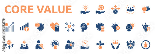 Core Value icon set two color style with responsibility, guidance, inclusion, vision, development, growth, integrity, passion icons