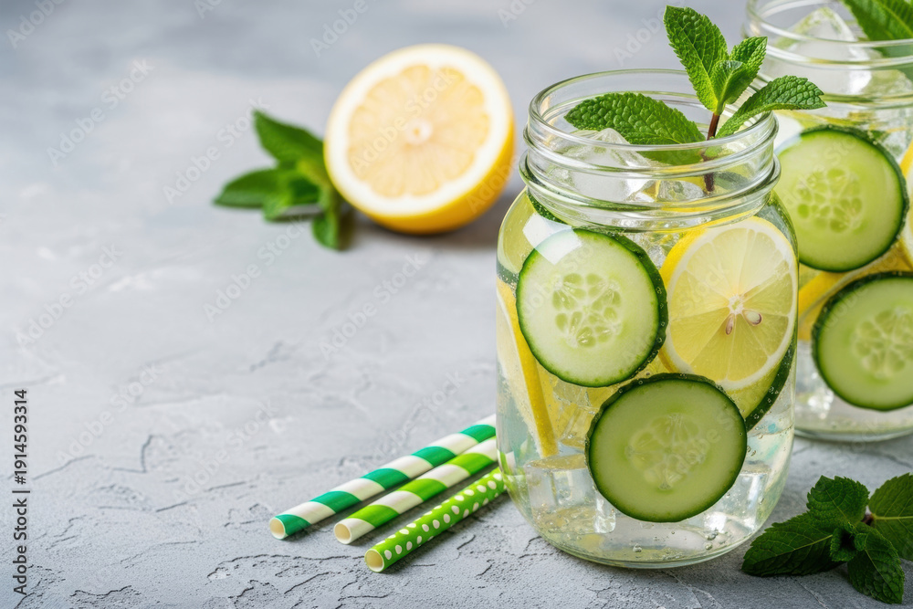 Fototapeta premium Refreshing Detox Water with Cucumber Lemon and Mint in Mason Jars with Striped Straws