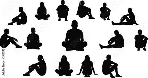 Collection of people sitting silhouettes in various relaxed and thoughtful poses isolated on white background, human figure illustration set