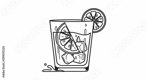 -Refreshing iced drink with orange slices line art.