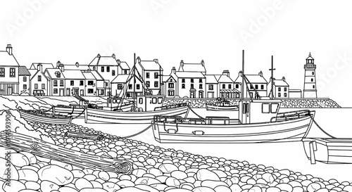 Fishing village harbor with boats and lighthouse line art.