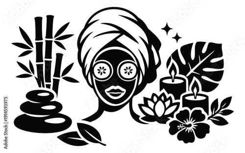 Graphic illustration of a woman with a spa mask depicting relaxation and spa elements for wellness and beauty