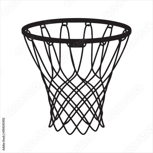 Basketball hoop with net silhouette vector,  A stark black silhouette of a basketball hoop net flat isolated vector white background
