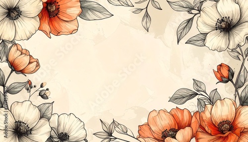 Minimal line art floral frame background with elegant hand-drawn outlines and clean copy space. Ideal for modern branding, invitations, posters, stationery, and minimal design layouts.