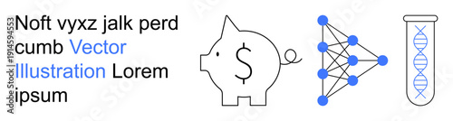 Financial growth, artificial intelligence, science innovation, data analysis, biotechnology, laboratory research. Piggy bank, neural network DNA test tube. Financial growth and artificial