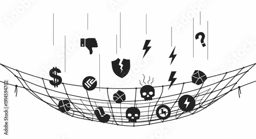 Concept of risk management and financial safety net with falling icons.