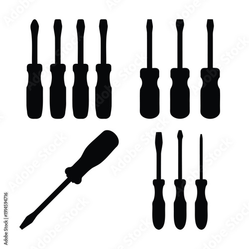 Diverse collection of screwdriver silhouettes showcasing various types and sizes of essential hand tools
