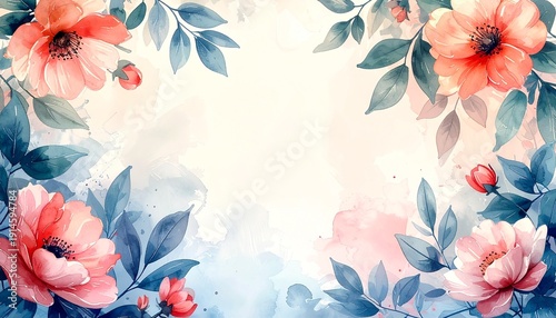 Watercolor botanical frame background with soft hand-painted flowers and leaves. Perfect for invitations, greeting cards, posters, branding, and artistic floral design projects.