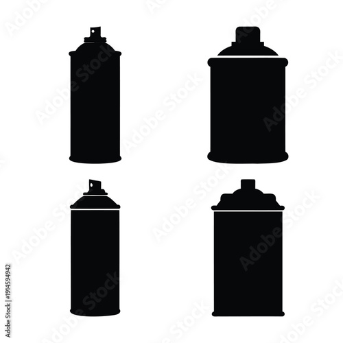 Set of various black spray can silhouettes for graphic design and industrial illustration