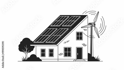 Eco-Friendly Home with Solar Panels and Wind Turbines