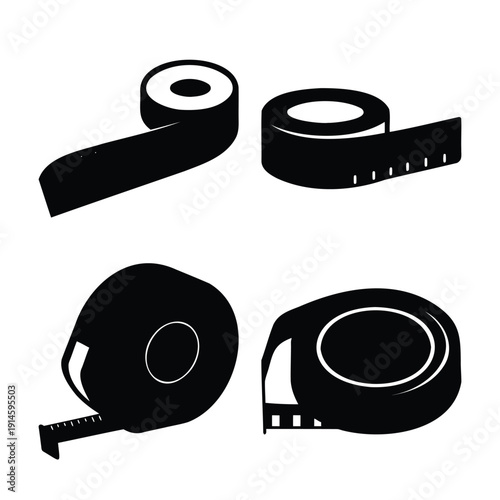 Diverse collection of measuring tapes and tools in black and white silhouette design