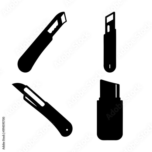 A collection of black silhouette icons depicting various utility knives and box cutters