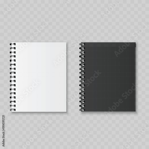 Realistic Black and White Spiral Notebook Cover Mockup Set. Vector