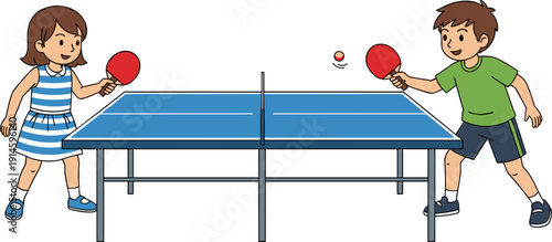 Kids Playing Table Tennis Cartoon Vector Illustration, Boy and Girl with Ping Pong Paddles at Blue Table Isolated on White Background for Sports Design