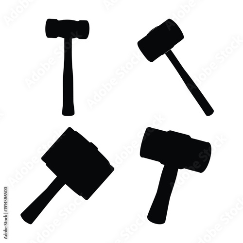 Black silhouettes of various mallets and sledgehammers presented in different orientations on a white background