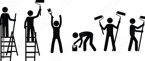 Silhouette painters using ladders, rollers, brushes, and paint cans, depicting diverse painting activities and professional home improvement work