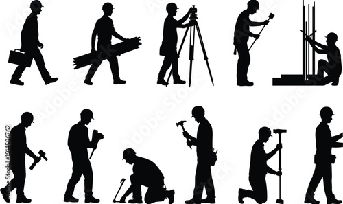 Silhouettes of construction workers performing diverse tasks, teamwork, safety, hard hats, building industry roles, professional collaboration, labor efficiency