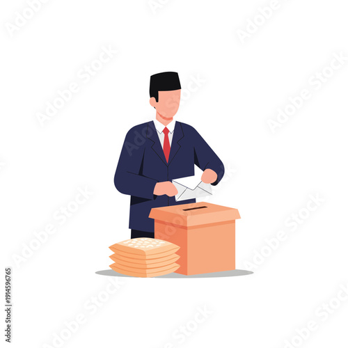 Muslim Man Putting Envelope in Donation Box with Rice Sacks for Zakat Fitrah Illustration