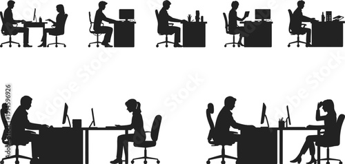 Silhouettes of office workers at desks using computers, laptops, collaborating, typing, reading, discussing, teamwork, professional workspace