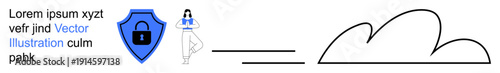 Cloud storage, data security, online protection, encryption, digital privacy, cybersecurity. Blue shield with lock, cloud and a person. Data security and cloud storage safety concept