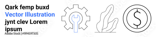 Business development, industry, economic growth, nature conservation, modern concepts, tool usage. Gear and wrench, abstract plant and coin outline. Business development and industry concept