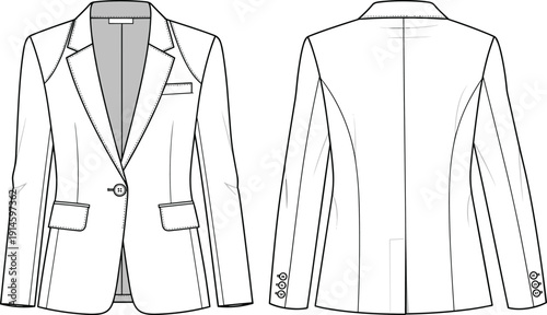 Women Classic Single Button Tailored Blazer Technical Flat Sketch, Fashion CAD Drawing Vector Illustration, Front and Back View White Template